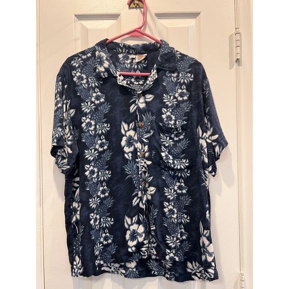 Makai Beach Other - Makai Beach Wear Hawaiian Shirt Men Large Navy Blue White Floral Pineapple Rayon
